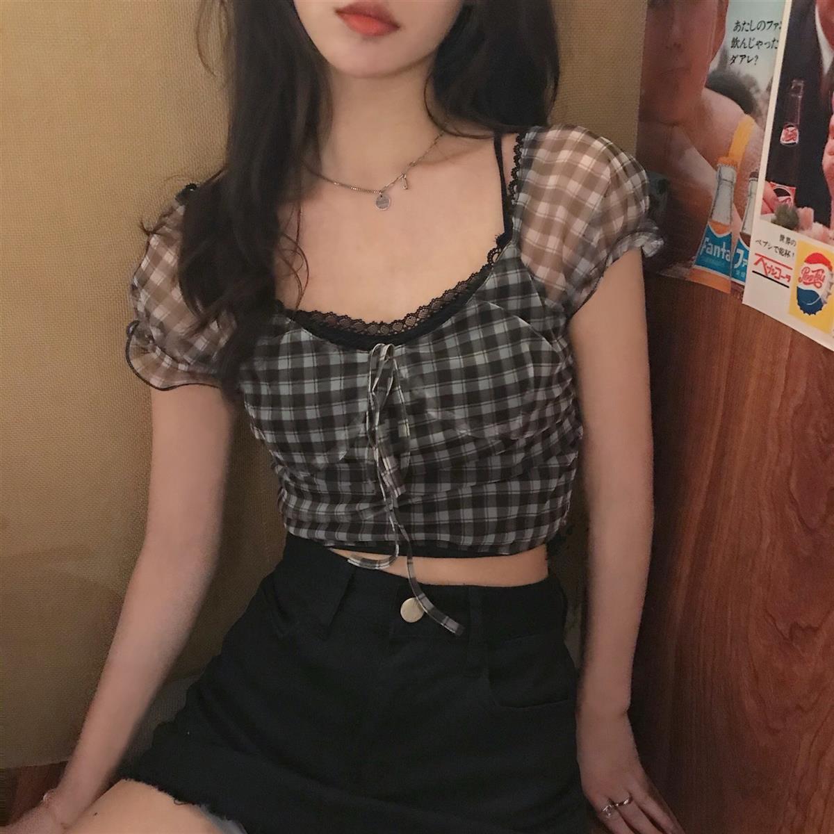 Sheer Sleeve Plaid Crop Top