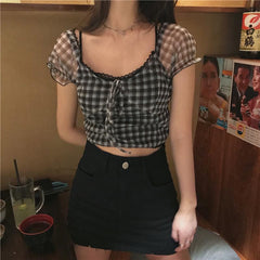 Sheer Sleeve Plaid Crop Top