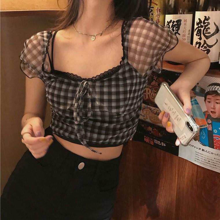 Sheer Sleeve Plaid Crop Top