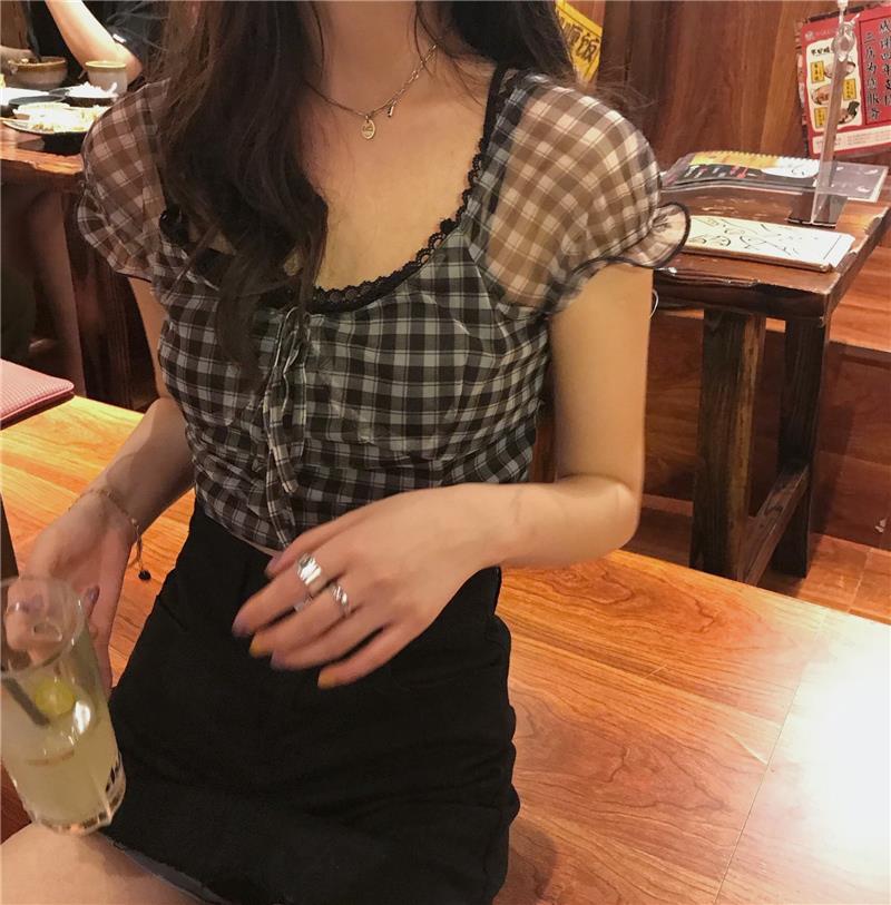 Sheer Sleeve Plaid Crop Top