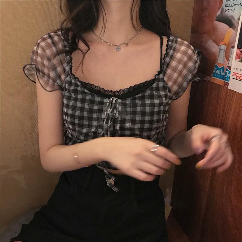 Sheer Sleeve Plaid Crop Top