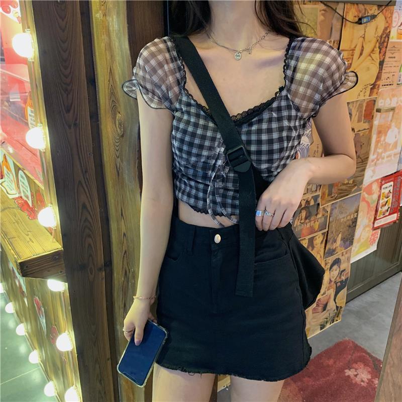 Sheer Sleeve Plaid Crop Top