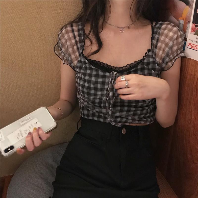 Sheer Sleeve Plaid Crop Top