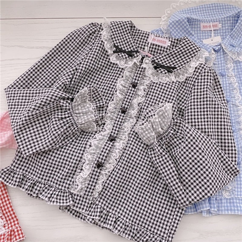 Kawaii Lace Ruffles Bow Collar Gingham Long Sleeve Blouse