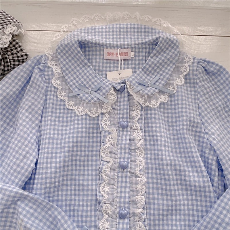 Kawaii Lace Ruffles Bow Collar Gingham Long Sleeve Blouse