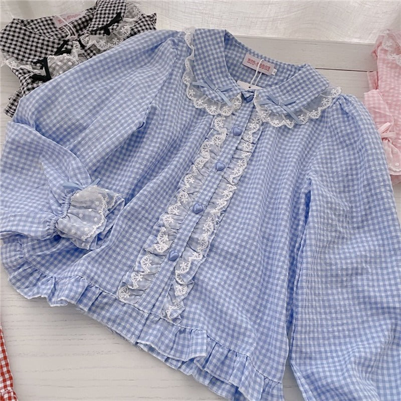 Kawaii Lace Ruffles Bow Collar Gingham Long Sleeve Blouse