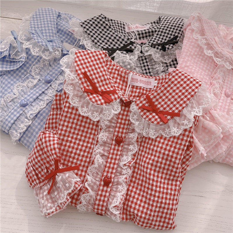 Kawaii Lace Ruffles Bow Collar Gingham Long Sleeve Blouse