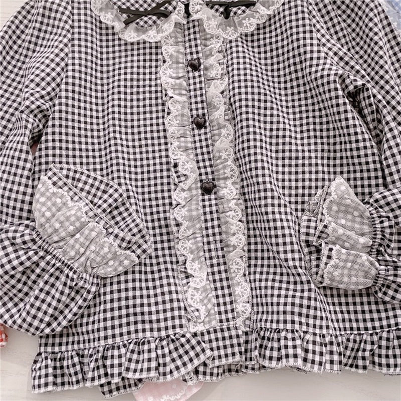 Kawaii Lace Ruffles Bow Collar Gingham Long Sleeve Blouse