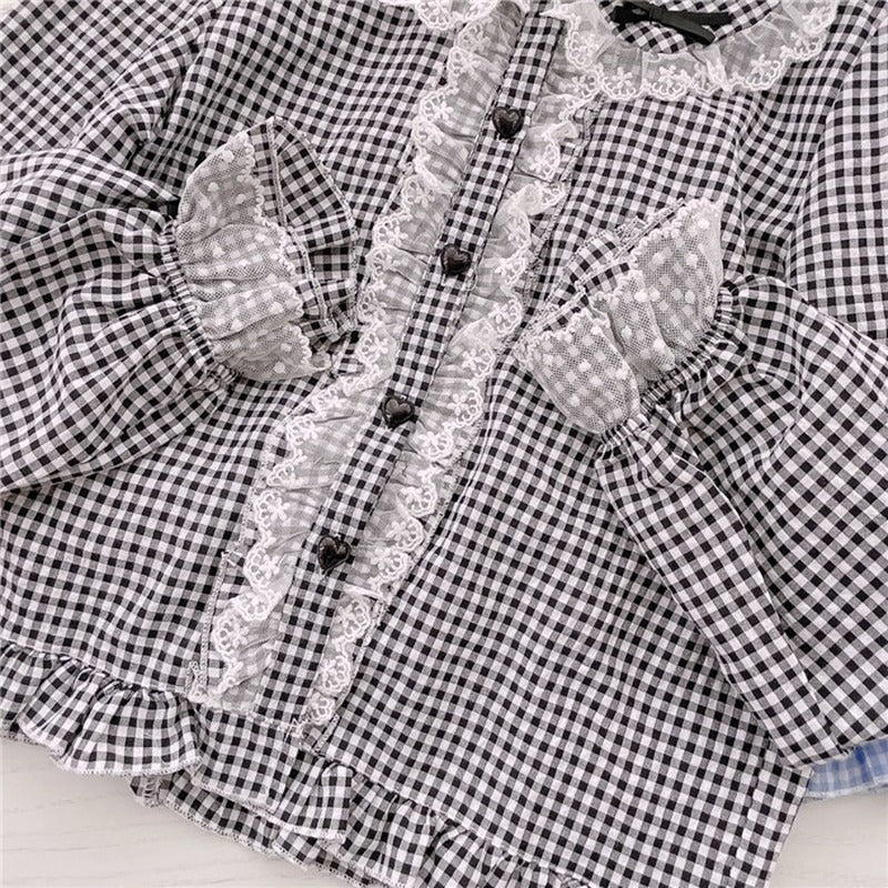 Kawaii Lace Ruffles Bow Collar Gingham Long Sleeve Blouse