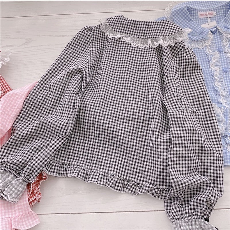 Kawaii Lace Ruffles Bow Collar Gingham Long Sleeve Blouse