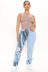 Abstract Print High Waist Straight Leg Jeans - Light Blue Wash