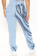 Abstract Print High Waist Straight Leg Jeans - Light Blue Wash
