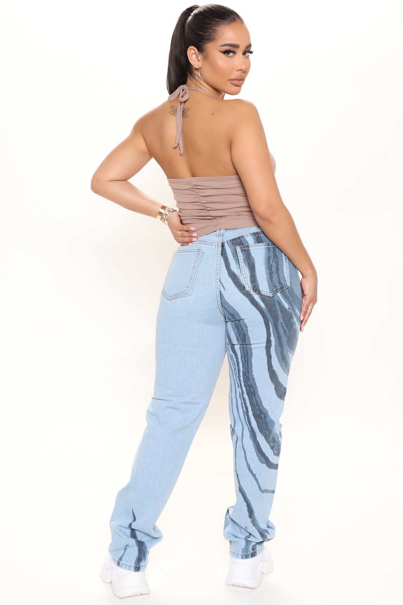 Abstract Print High Waist Straight Leg Jeans - Light Blue Wash