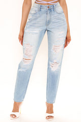 A Shredded Babe Non Stretch Straight Leg Jeans - Light Blue Wash