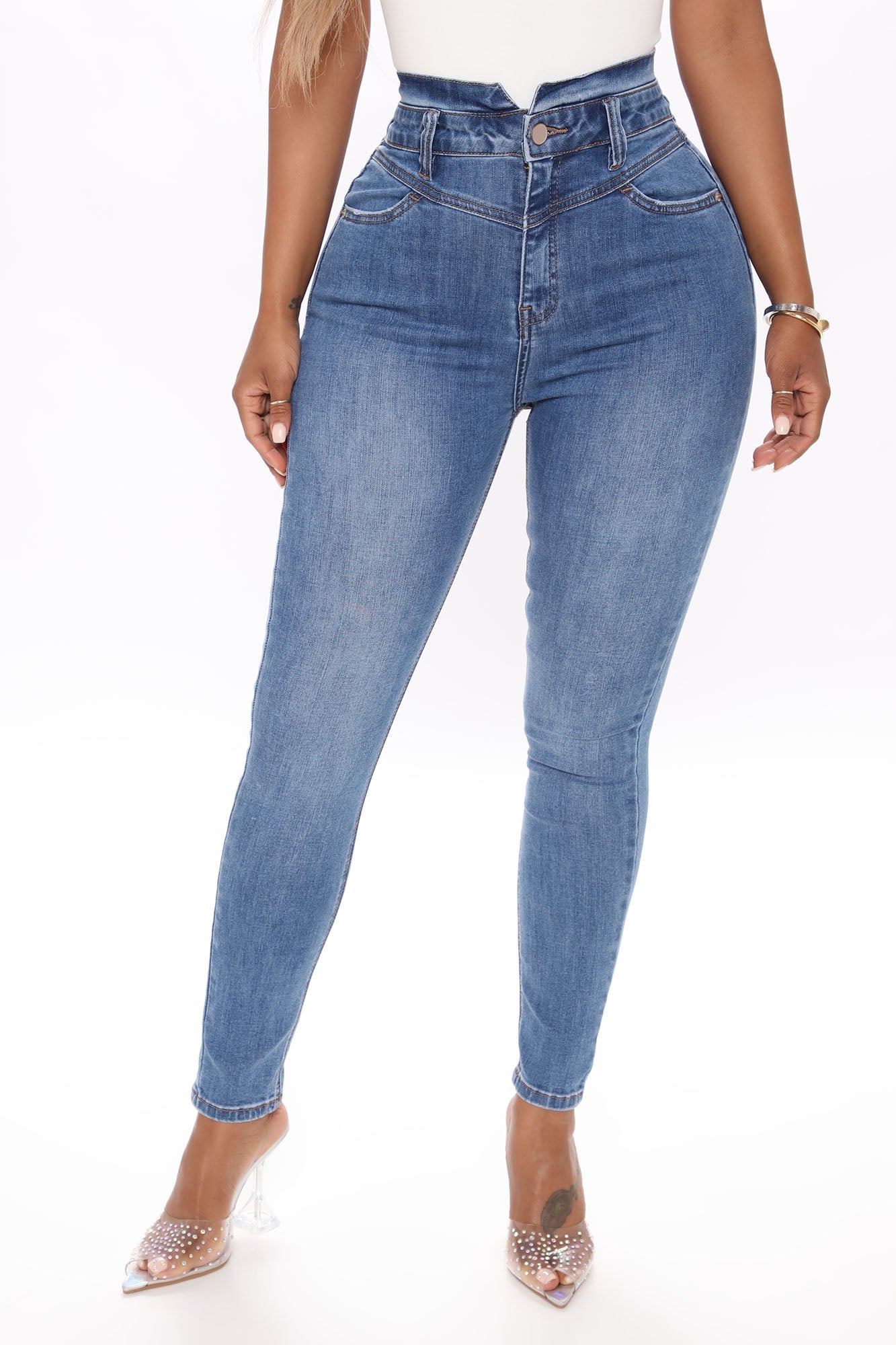 Jean skinny taille très haute Adelaide - Délavage bleu moyen