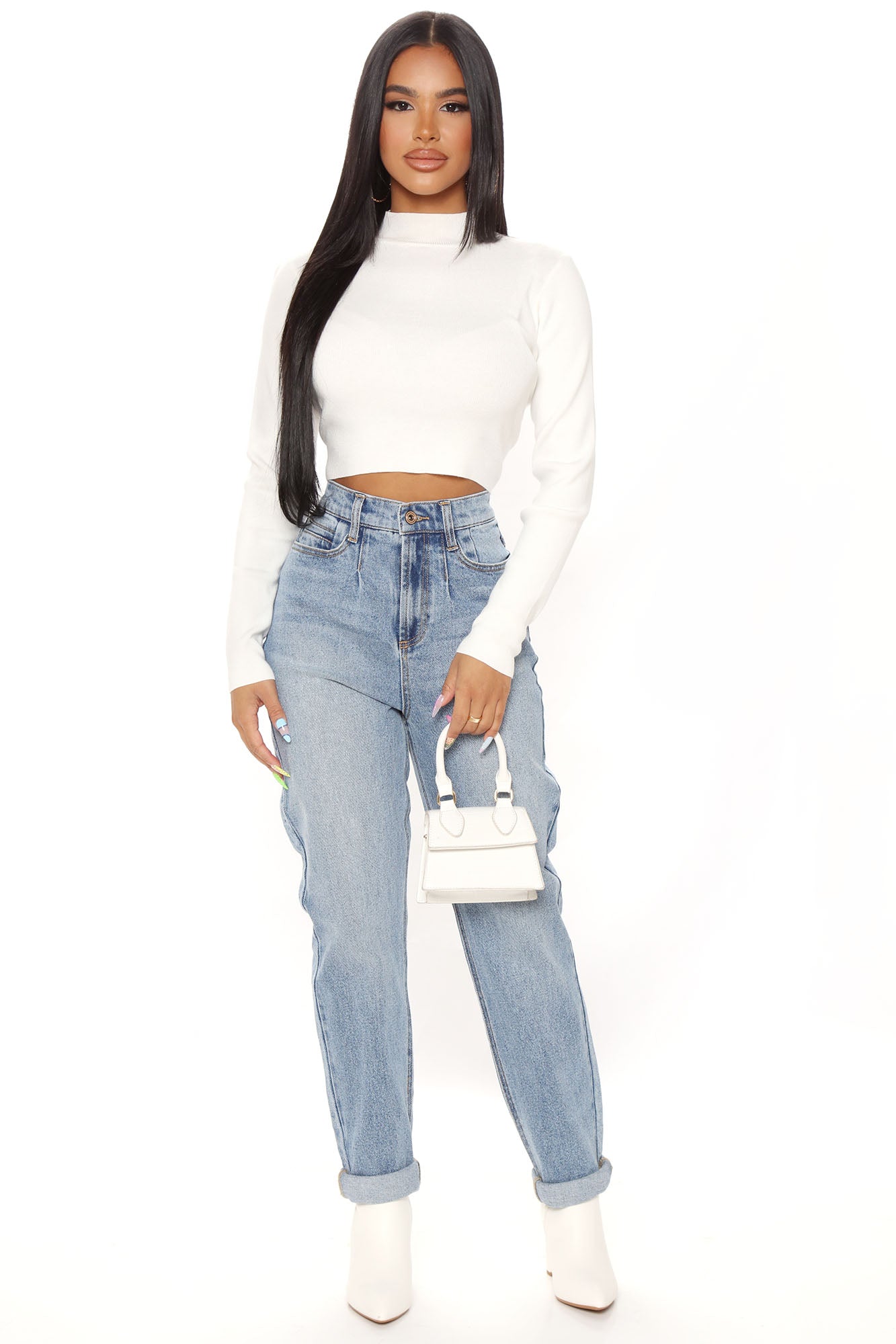 Albany Tapered Curvy Roll Cuff Balloon Jeans - Medium Blue Wash