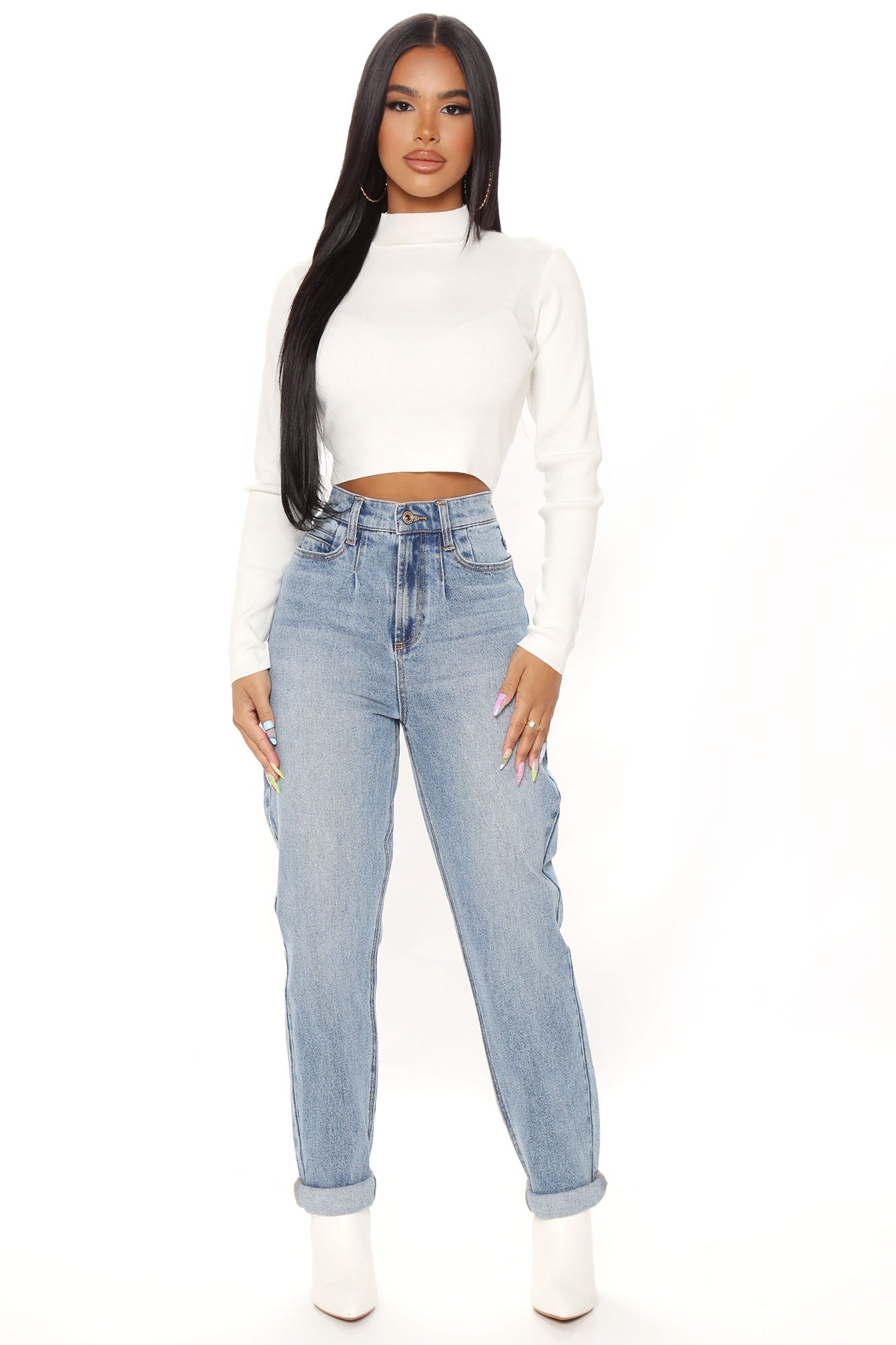 Albany Tapered Curvy Roll Cuff Balloon Jeans - Medium Blue Wash