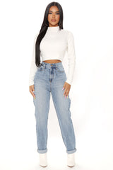 Albany Tapered Curvy Roll Cuff Balloon Jeans - Medium Blue Wash