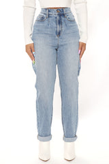 Albany Tapered Curvy Roll Cuff Balloon Jeans - Medium Blue Wash