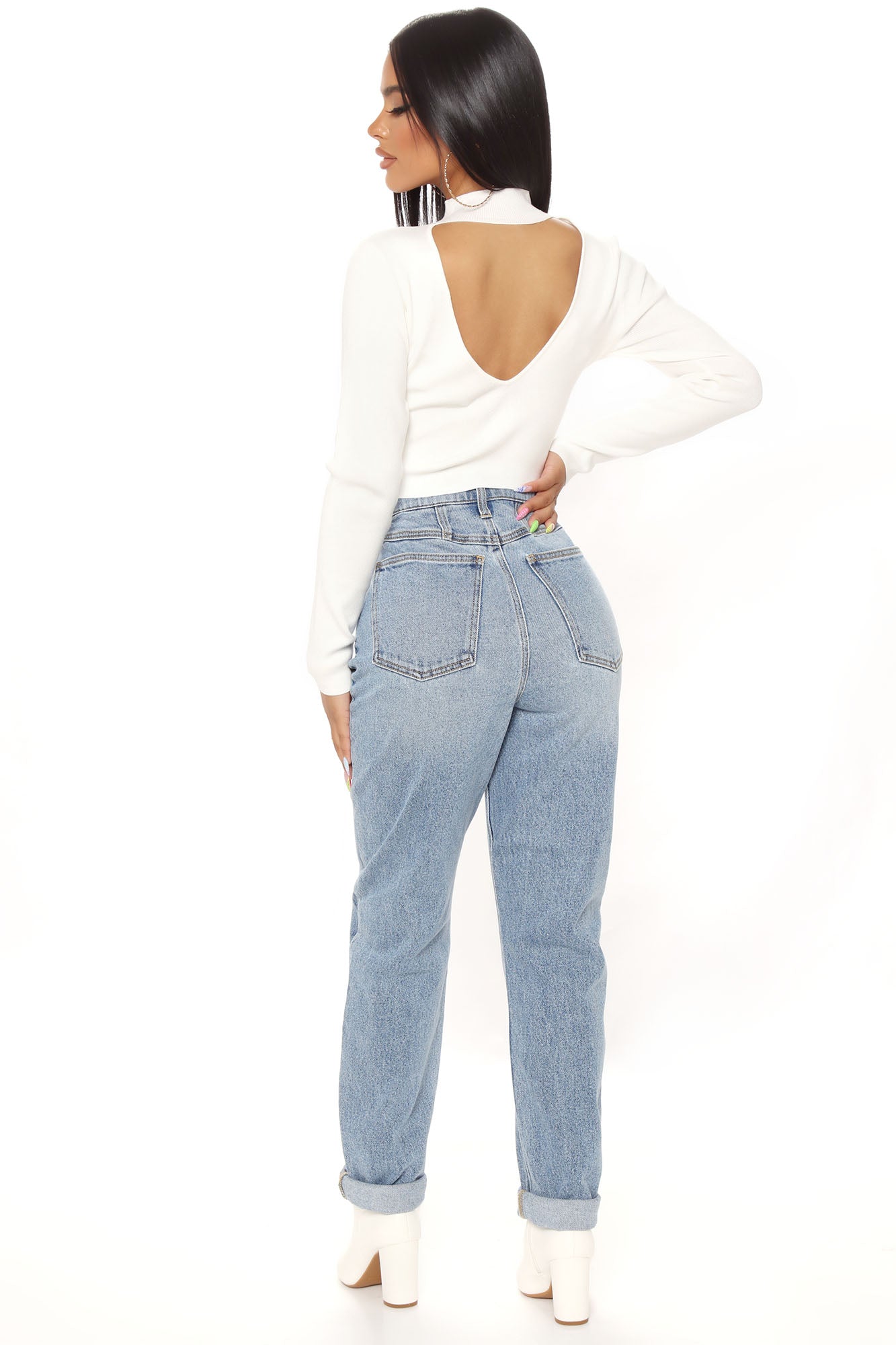 Albany Tapered Curvy Roll Cuff Balloon Jeans - Medium Blue Wash