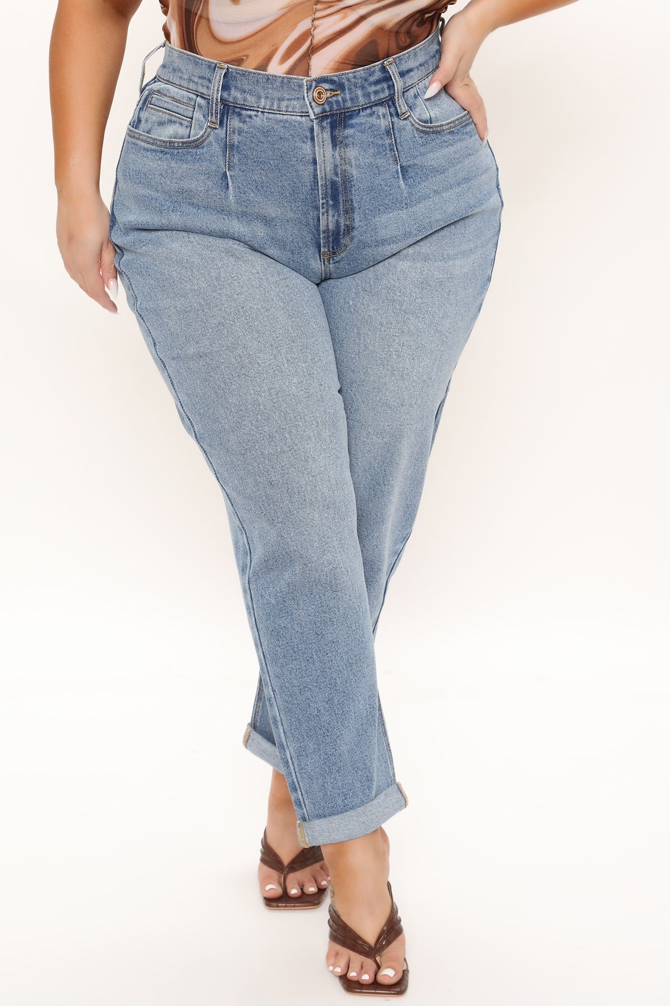 Albany Tapered Curvy Roll Cuff Balloon Jeans - Medium Blue Wash