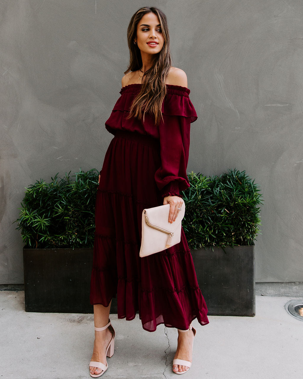 Alicia Off The Shoulder Tiered Midi Dress - Burgundy