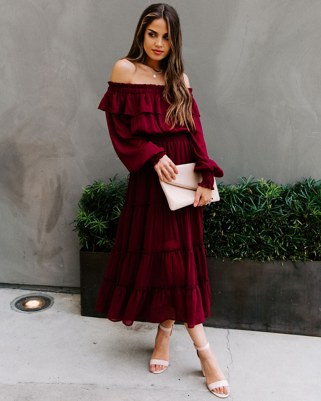 Alicia Off The Shoulder Tiered Midi Dress - Burgundy