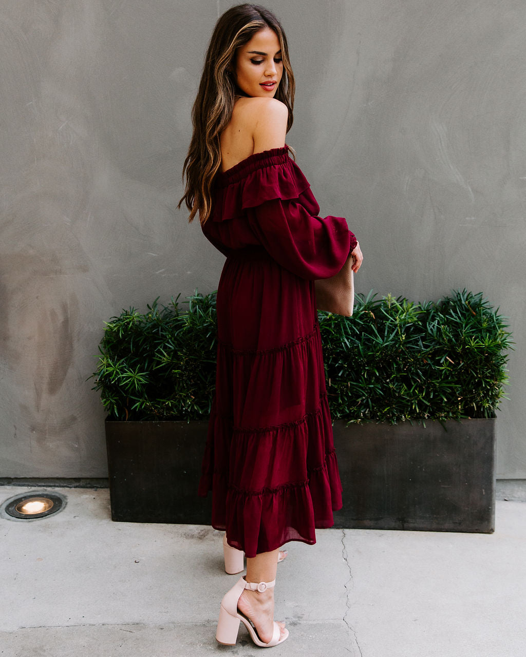 Alicia Off The Shoulder Tiered Midi Dress - Burgundy