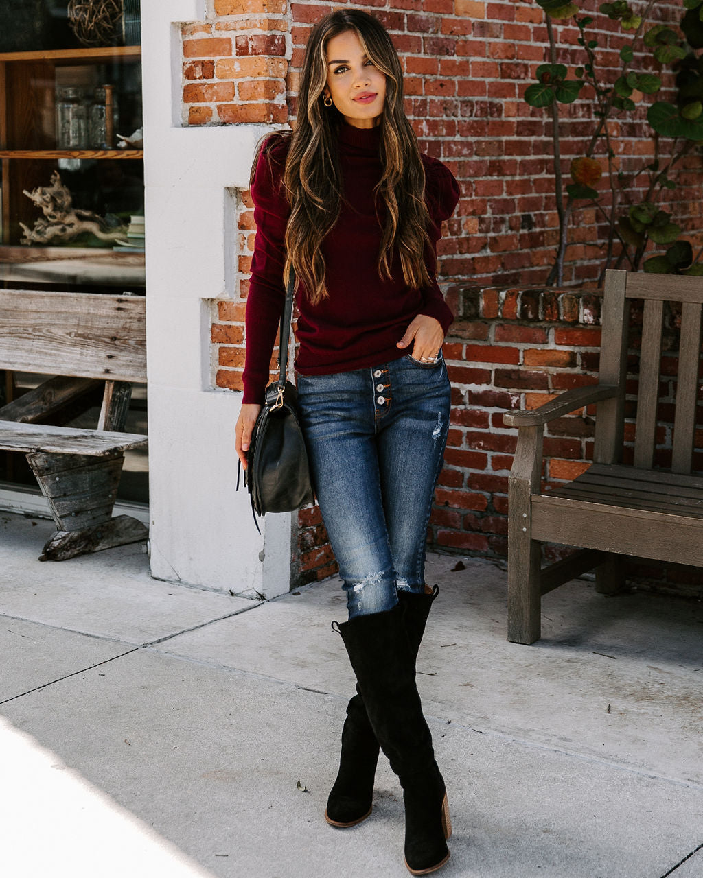 Adamant Puff Sleeve Turtleneck Sweater - Burgundy