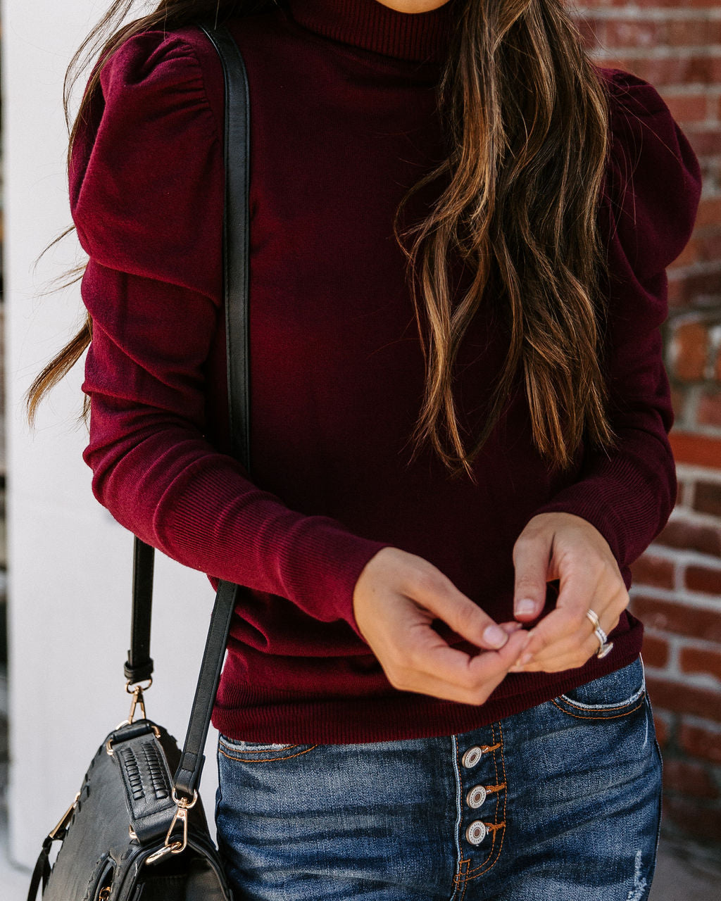 Adamant Puff Sleeve Turtleneck Sweater - Burgundy