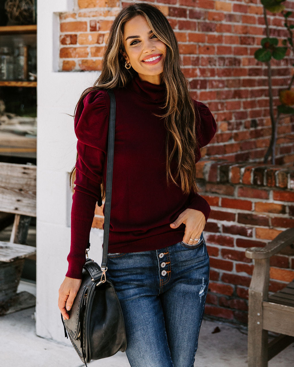 Adamant Puff Sleeve Turtleneck Sweater - Burgundy