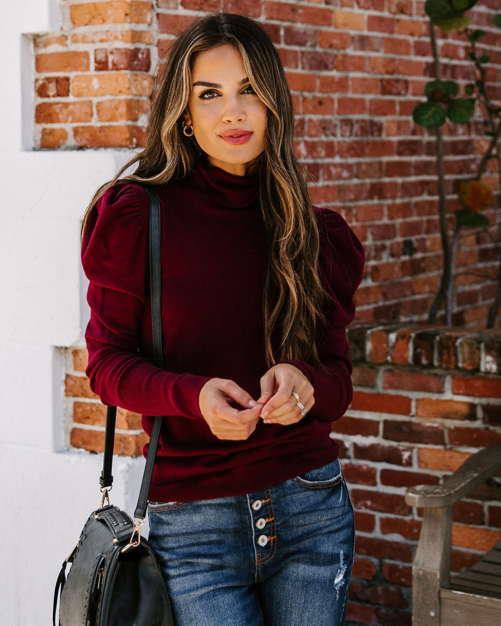 Adamant Puff Sleeve Turtleneck Sweater - Burgundy