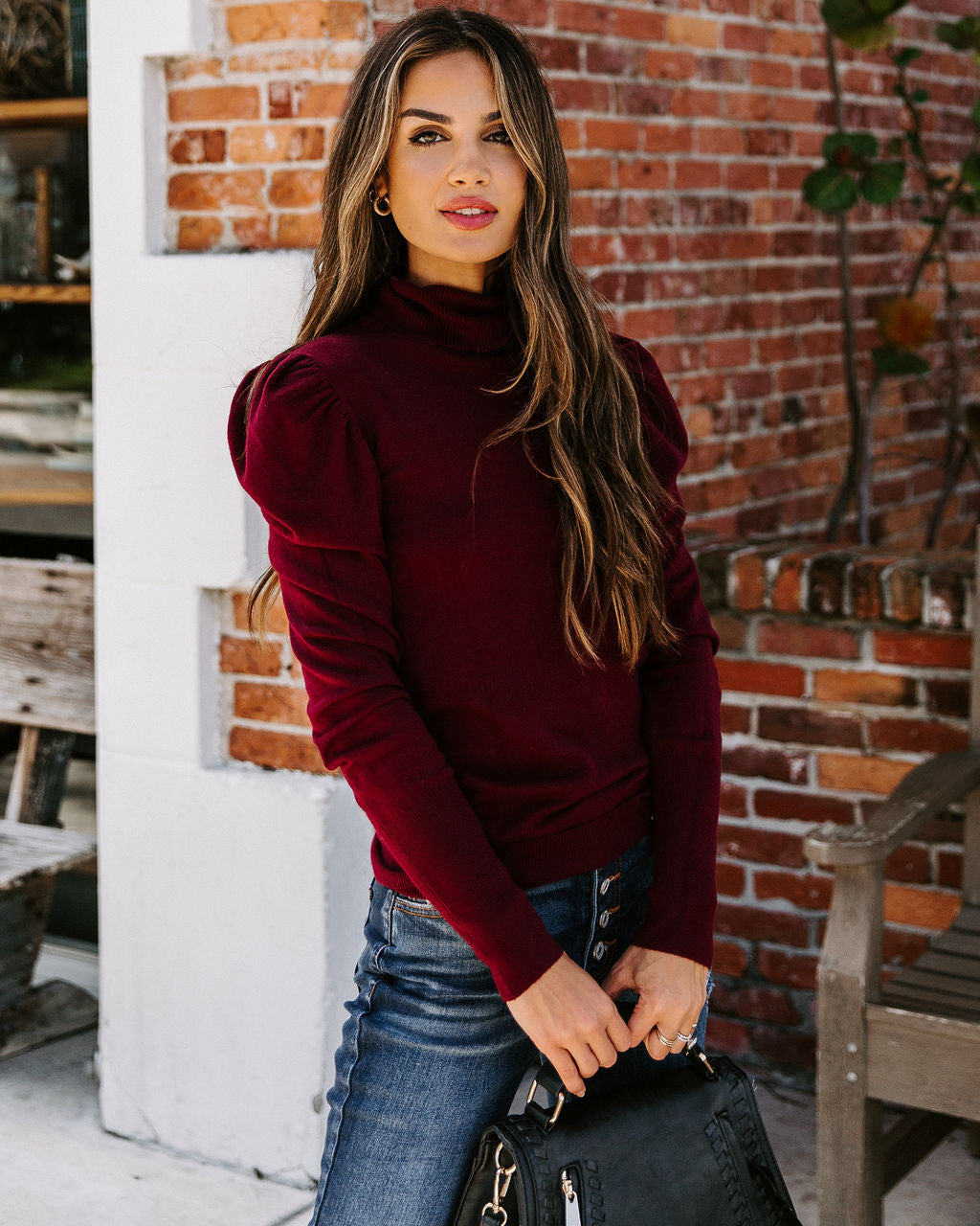 Adamant Puff Sleeve Turtleneck Sweater - Burgundy