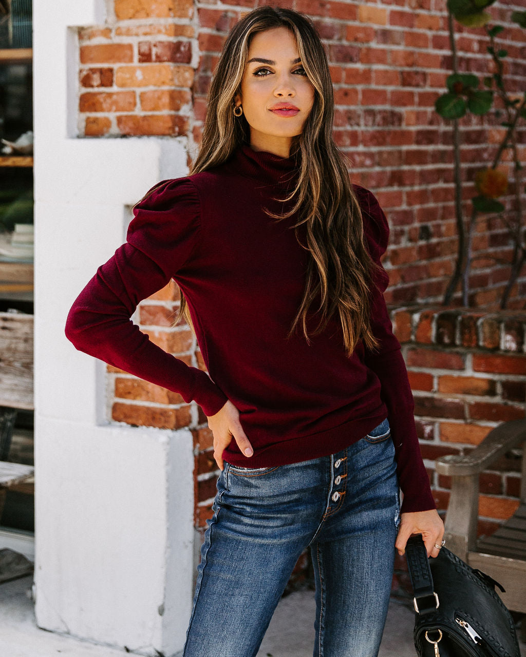 Adamant Puff Sleeve Turtleneck Sweater - Burgundy