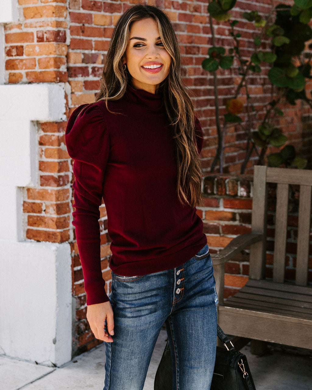 Adamant Puff Sleeve Turtleneck Sweater - Burgundy