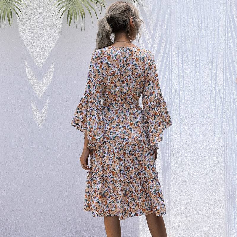 2020 Fashion Floral Bohemian Dress Long Sleeve High Waist Pleated Dress O-neck Autumn Dress Sai Feel