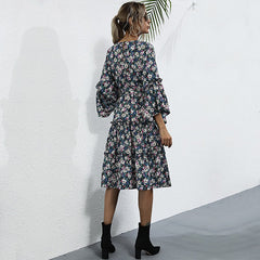 2020 Fashion Floral Bohemian Dress Long Sleeve High Waist Pleated Dress O-neck Autumn Dress Sai Feel