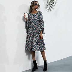 2020 Fashion Floral Bohemian Dress Long Sleeve High Waist Pleated Dress O-neck Autumn Dress Sai Feel