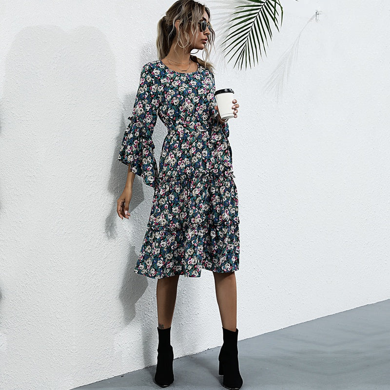 2020 Fashion Floral Bohemian Dress Long Sleeve High Waist Pleated Dress O-neck Autumn Dress Sai Feel