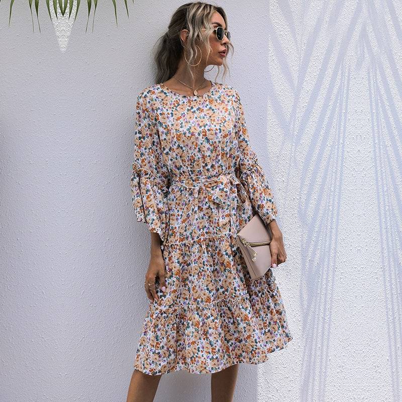 2020 Fashion Floral Bohemian Dress Long Sleeve High Waist Pleated Dress O-neck Autumn Dress Sai Feel