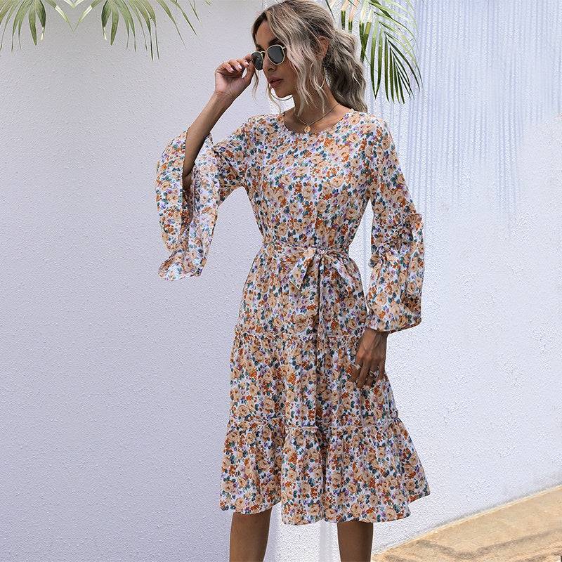 2020 Fashion Floral Bohemian Dress Long Sleeve High Waist Pleated Dress O-neck Autumn Dress Sai Feel