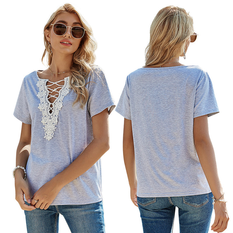 2021 New Women's Slim Fit Solid Color Pullover Loose Lace V-neck Short-sleeved T-shirt Sai Feel