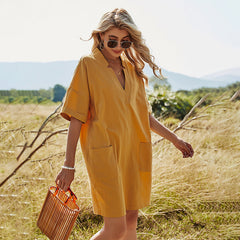 2021 New Women's Solid Color V-neck Akimbo A-line Skirt Bag Casual Loose Short-Sleeved Dress Sai Feel