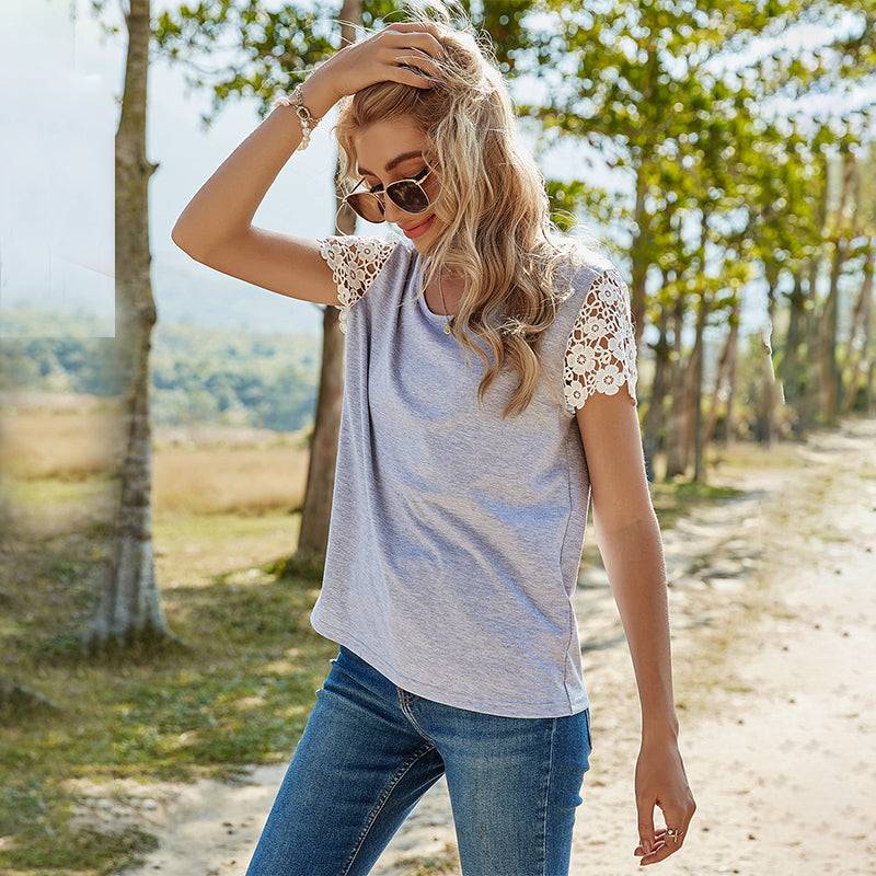 2021 Spring and Summer New Female Body-fitting Solid Color Pullover Loose Round Neck Top Lace Short-sleeved T-shirt Sai Feel