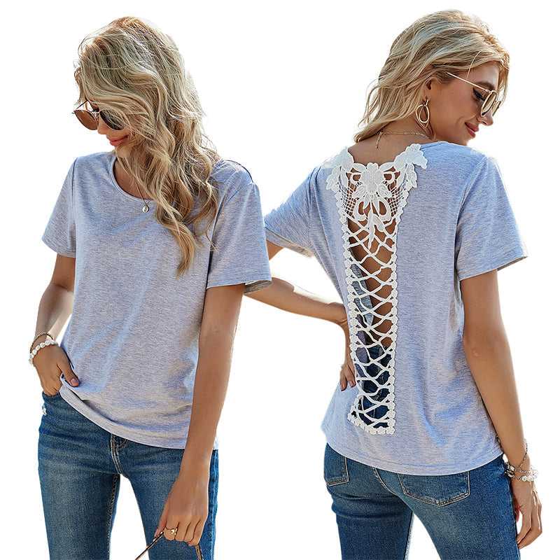 2021 Spring and Summer New Female Slim Fit Solid Color Loose Round Neck Cross Open Back Short Sleeve T-shirt Sai Feel