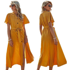 2021 Spring and Summer New Single-Breasted A-line Skirt Belt V-neck Short-Sleeved Dress Sai Feel