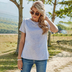 2021 Spring and Summer Women's Solid Color Pullover Loose Round Neck Lace Short Sleeve T-shirt Sai Feel