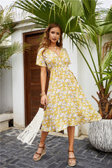 Alianna Floral Ruffle Midi Dress - Lemon