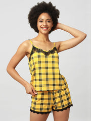 2PCS Pack Women's Sleepwear Plaid Cami Top and Shorts Tartan Casual Pajama Set Sai Feel
