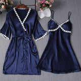 2PCS Set Sexy Lingerie Satin Lace Camisole Sleepwear Strappy Night Dress with Chest Pads and short sleeve sleepwear dress Silky Pajamas Sai Feel